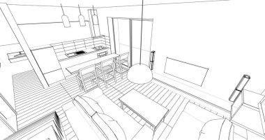 İç mutfak oturma odası 3D görüntü