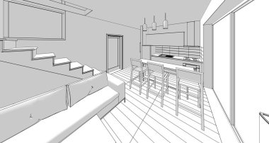 İç mutfak oturma odası 3D görüntü