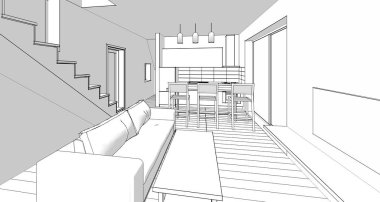 İç mutfak oturma odası 3D görüntü