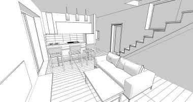 İç mutfak oturma odası 3D görüntü