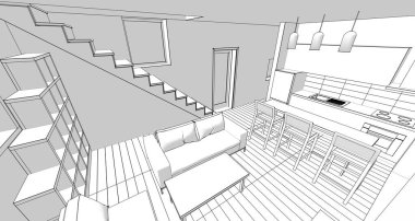 İç mutfak oturma odası 3D görüntü
