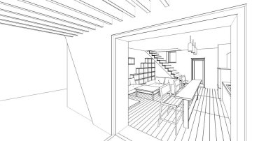 İç mutfak oturma odası 3D görüntü