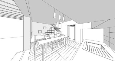 İç mutfak oturma odası 3D görüntü