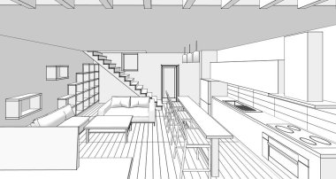 İç mutfak oturma odası 3D görüntü