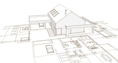 Modern ev mimari projesi çizimi 3D illüstrasyon
