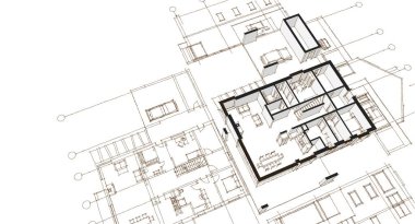 Modern ev mimari projesi çizimi 3D illüstrasyon