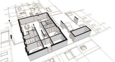 Modern ev mimari projesi çizimi 3D illüstrasyon