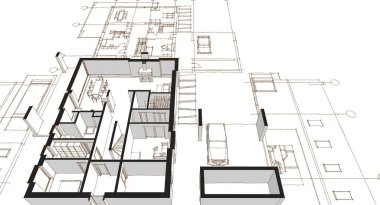 Modern ev mimari projesi çizimi 3D illüstrasyon