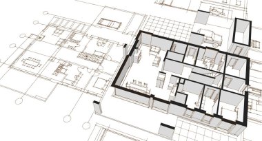 Modern ev mimari projesi çizimi 3D illüstrasyon