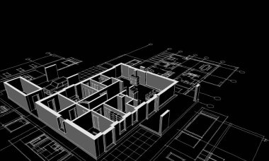 Modern ev mimari projesi çizimi 3D illüstrasyon