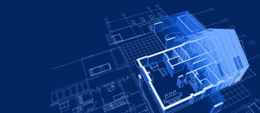 Modern ev mimari projesi çizimi 3D illüstrasyon