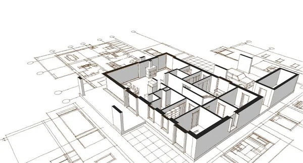 Moderní Dům Architektonický Projekt Skica Ilustrace — Stock fotografie