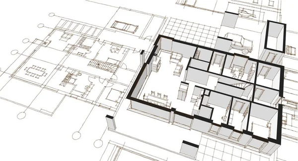 Moderní Dům Architektonický Projekt Skica Ilustrace — Stock fotografie