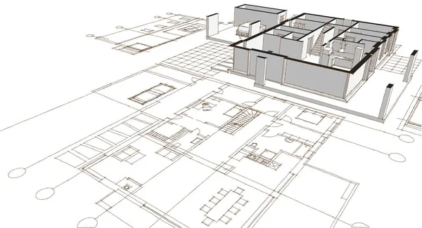 Nowoczesny Dom Projekt Architektoniczny Szkic Ilustracja — Zdjęcie stockowe