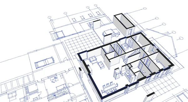 Casa Moderna Projeto Arquitetônico Esboço Ilustração — Fotografia de Stock