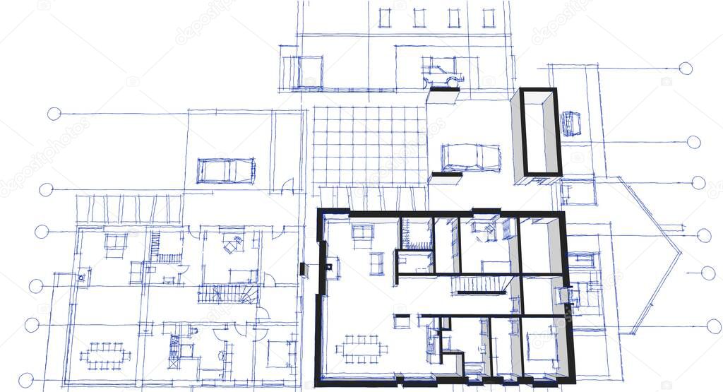 modern house architectural project sketch 3d illustration