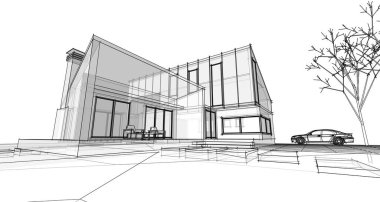 Modern bir ev çizimi. 3D görüntüleme.