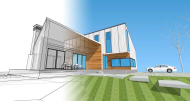 Modern bir ev çizimi. 3D görüntüleme.