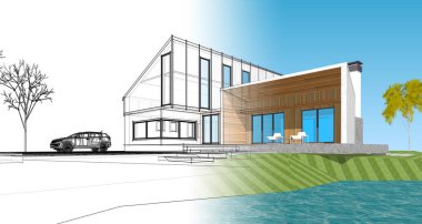 Modern bir ev çizimi. 3D görüntüleme.