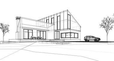 Modern bir ev çizimi. 3D görüntüleme.