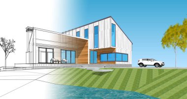 Modern bir ev çizimi. 3D görüntüleme.