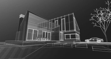 Modern bir ev çizimi. 3D görüntüleme.