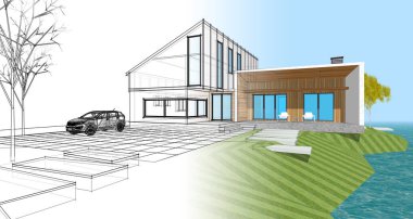 Modern bir ev çizimi. 3D görüntüleme.