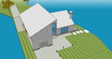 Modern bir ev çizimi. 3D görüntüleme.