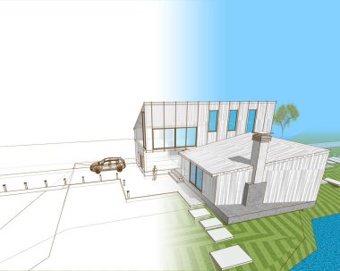 Modern bir ev çizimi. 3D görüntüleme.