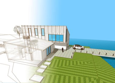 Modern bir ev çizimi. 3D görüntüleme.