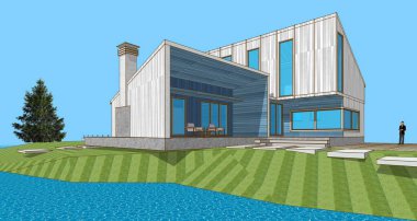Modern bir ev çizimi. 3D görüntüleme.