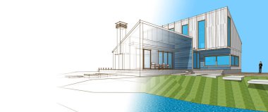 Modern bir ev çizimi. 3D görüntüleme.