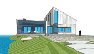 Modern bir ev çizimi. 3D görüntüleme.