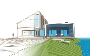 Modern bir ev çizimi. 3D görüntüleme.