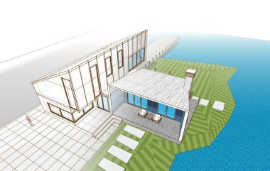 Modern bir ev çizimi. 3D görüntüleme.