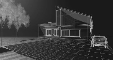 Modern bir ev çizimi. 3D görüntüleme.