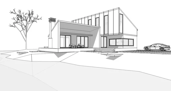 Sketch Modern House Rendering — Stockfoto