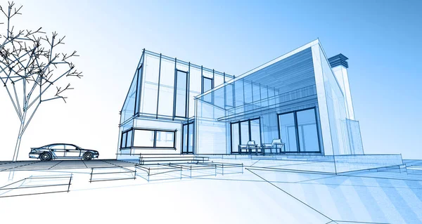 Modern bir ev çizimi. 3D görüntüleme.