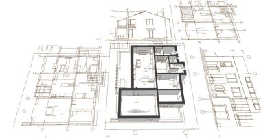 ev mimarisi projesi çizimi 3d illüstrasyon