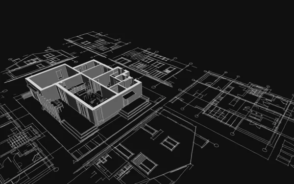 房屋建筑草图3D图解 — 图库照片