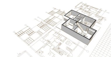 ev planı mimari taslak 3D illüstrasyon