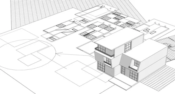 房屋建筑草图3D渲染 — 图库照片