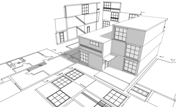 房屋建筑草图3D渲染 — 图库照片