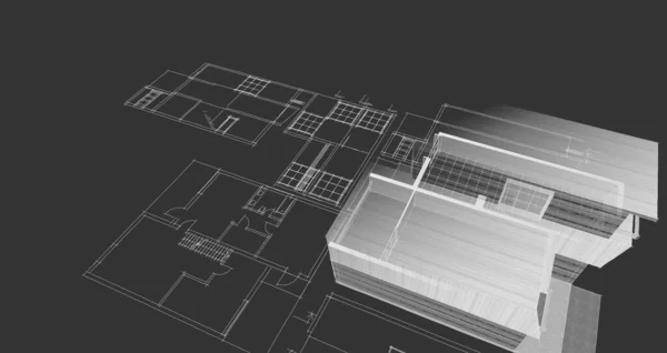房屋建筑草图3D渲染 — 图库照片