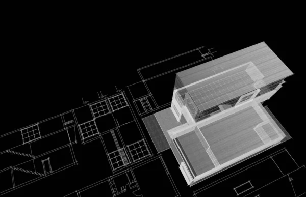 房屋建筑草图3D渲染 — 图库照片