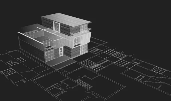 家の建築スケッチ3Dレンダリング — ストック写真