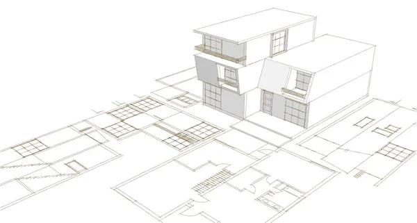 Szkic Architektoniczny Domu Rendering — Zdjęcie stockowe