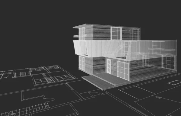 房屋建筑草图3D渲染 — 图库照片