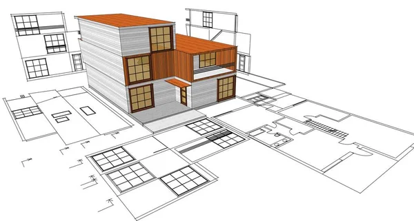 房屋建筑草图3D渲染 — 图库照片