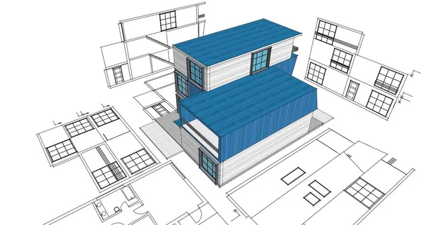 家の建築スケッチ3Dレンダリング — ストック写真